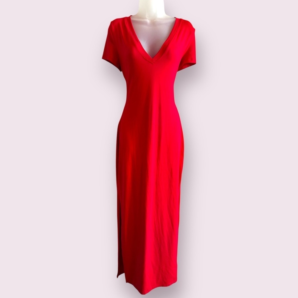 SHEIN SXY Red V-Neck Maxi Dress Fitted Slit Bodycon Size L